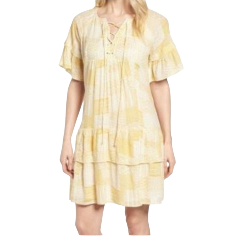 Caslon Yellow Lace Up Tiered Dress Size Medium